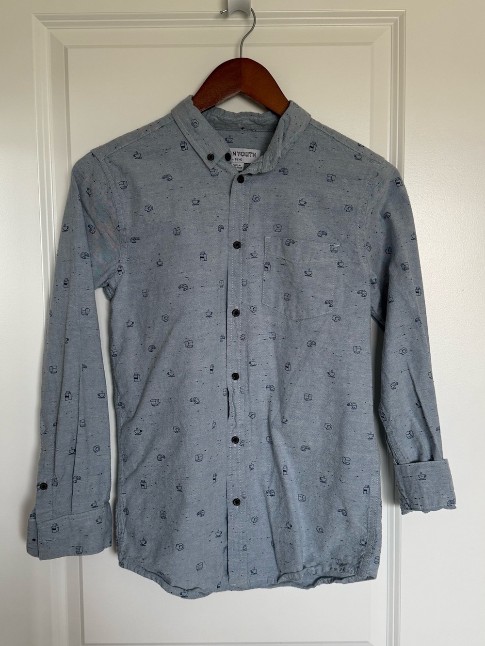 Boy’s Urban Youth Light Blue Grey Breakfast Print Button-Up Long Sleeve Shirt - Picture 4 of 8